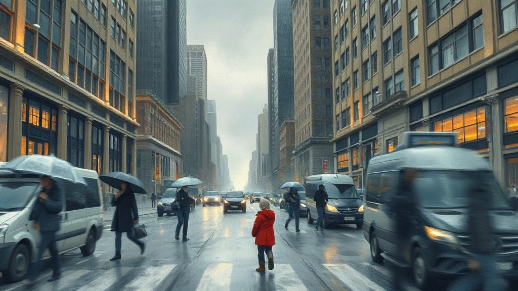 A child in a red coat stands alone in a crosswalk on a rainy city street, traffic and umbrellas around her