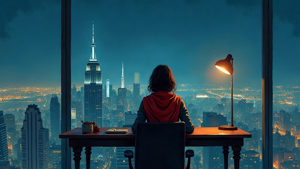 A woman in a red scarf sits at a desk by a window, looking out over a city skyline at night