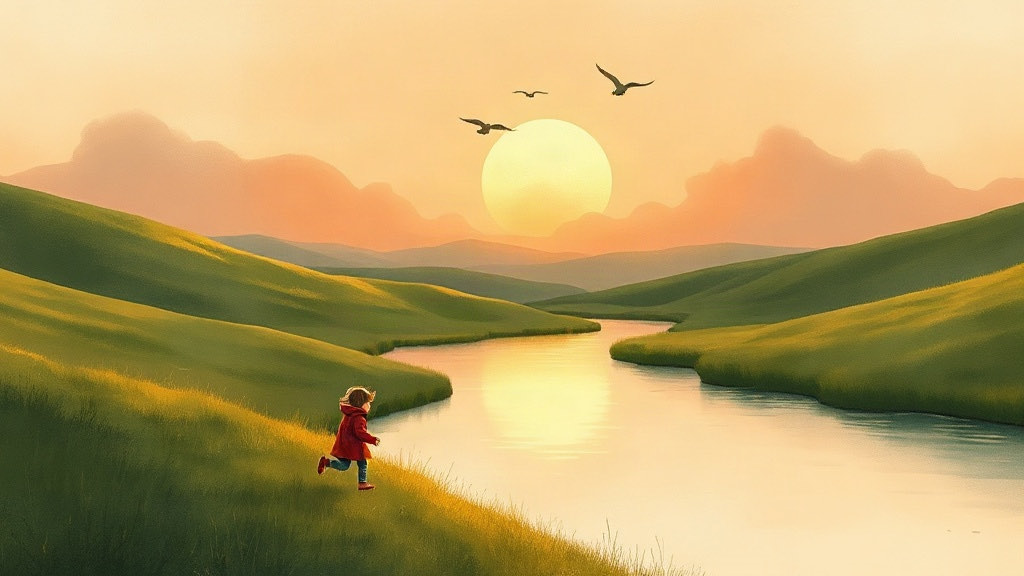 A child in a red coat runs across a green hillside beside a river at sunset, birds overhead